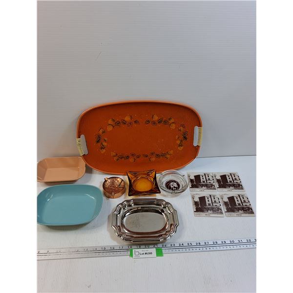 Lot: Ashtrays, Coasters, Platters, Melmac Bowls