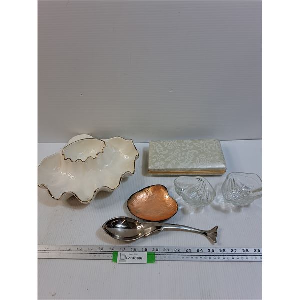 Lot: Seashell Themed Dishes, Whale Spoon, Collector Spoon Case