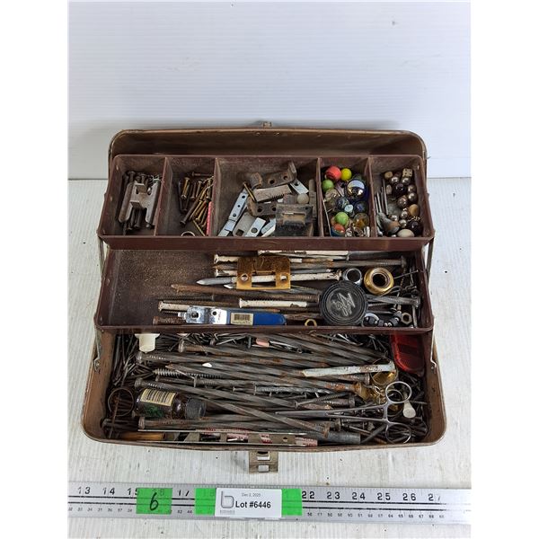 Metal Tackle Box, Various Nails, Marbles, Medical Tongs, Misc Hardware