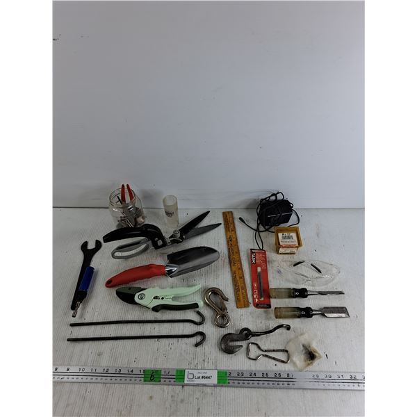 Pruning Shears, Chisels, Wooden Ruler, Steel Drill Bits, Bottle Opener, Misc