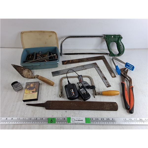 Various Drill Bits, Bicycle Reflector, Metal File, Carpenters Squares, Handsaws, Misc