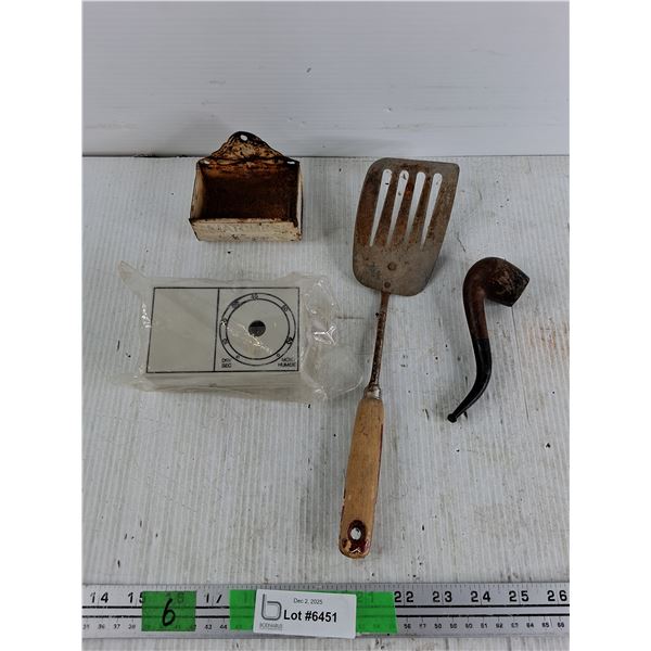 Vintage Wall Mounted Match Box, Humidistat, Spatula, Smoking Pipe
