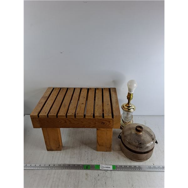 Wooden Stool 18" x 12" x 11", Desk Lamp - Powers On, As Is, Kerosene Stove Bottle