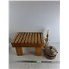 Image 1 : Wooden Stool 18" x 12" x 11", Desk Lamp - Powers On, As Is, Kerosene Stove Bottle - PICK UP