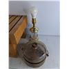Image 5 : Wooden Stool 18" x 12" x 11", Desk Lamp - Powers On, As Is, Kerosene Stove Bottle - PICK UP