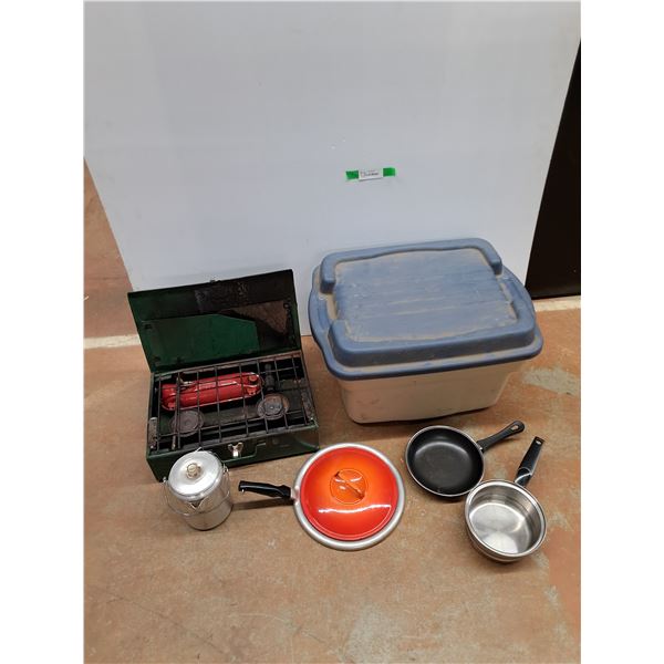 *Cooking Pans & Pots, Coleman Camp Stove, Plastic Storage Tote with Lid 21" x 17" x 14", Cannot Ship