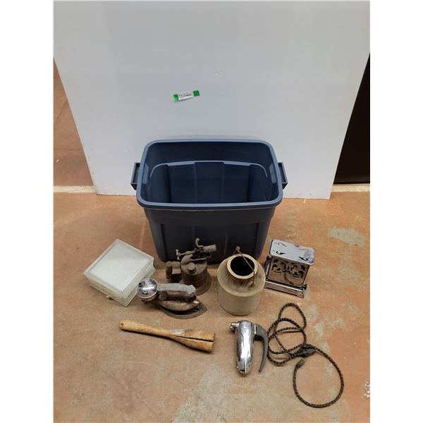*Vintage Electric Heater, Vintage Iron, Crock Pot, Blow Torch, Plastic Tote 22" x 15" x 16", Misc