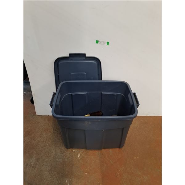 Plastic Storage Tote with Lid 21" x 15" x 16", Vintage Glass Bottles, Empty Tobacco Tins , No Ship