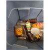 Image 2 : Plastic Storage Tote with Lid 21" x 15" x 16", Vintage Glass Bottles, Empty Tobacco Tins , No Ship