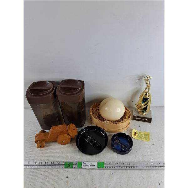 Kitchen Storage Canisters, Ash Trays, Ostrich Egg Shells, SK Flag Lapel Pin, Misc