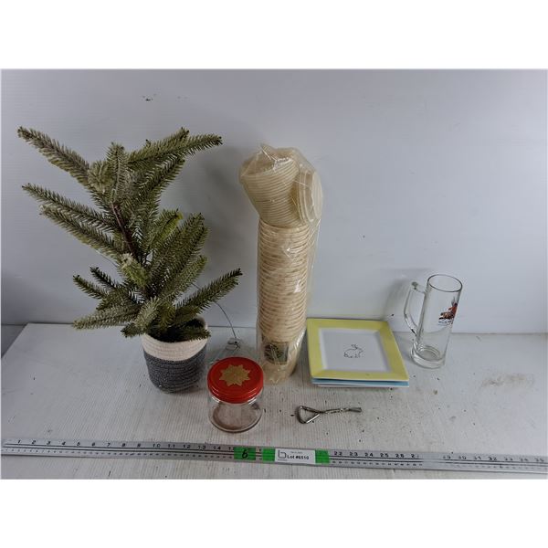 Artificial Plant, Paper Cups with Lids, Bottle Opener, Ceramic Plates, Glass Beerstein, Misc