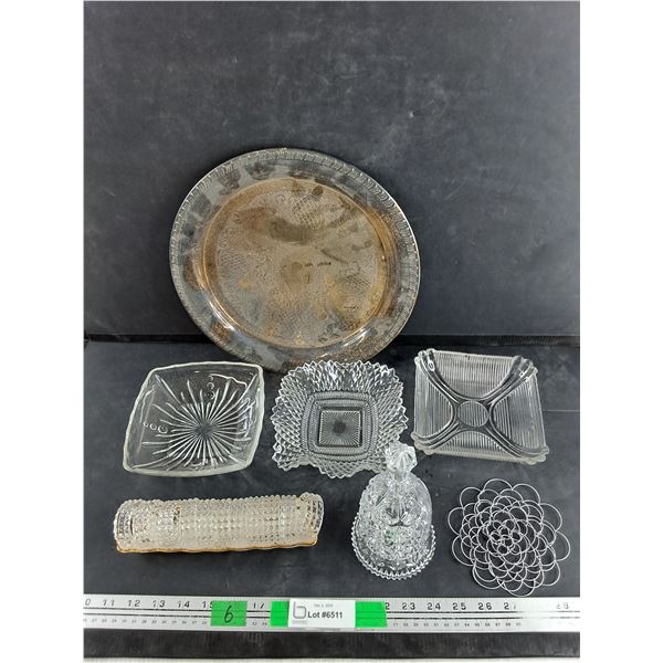 12" Silver Platter, Glass Napkin Rings, Crystal Bell, Glass Dishes