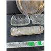 Image 4 : 12" Silver Platter, Glass Napkin Rings, Crystal Bell, Glass Dishes