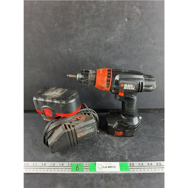 Black & Decker 14.4V Cordless Drill, Bosch Battery Charger & 18V Battery - As Is