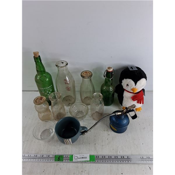 Various Vintage Bottles, Ceramic Mug, Oil Can, Plush Penguin