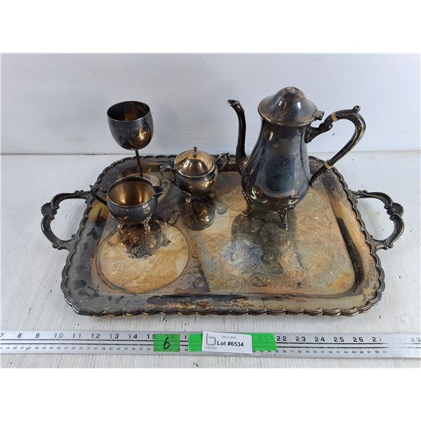 Silver Serving Tray 19" x 14", Cream & Sugar Set, Goblet, Tea Pot