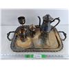 Image 1 : Silver Serving Tray 19" x 14", Cream & Sugar Set, Goblet, Tea Pot
