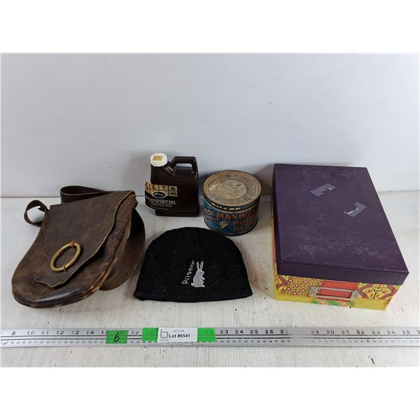 Leather Bag, Pilsner Beanie, Neatsfoot Oil Compund, Vintage Coffee Can, Misc