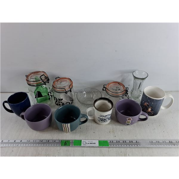 Kitchen Storage Jars, Ceramic Mugs, Glass Bowl, Small Vase