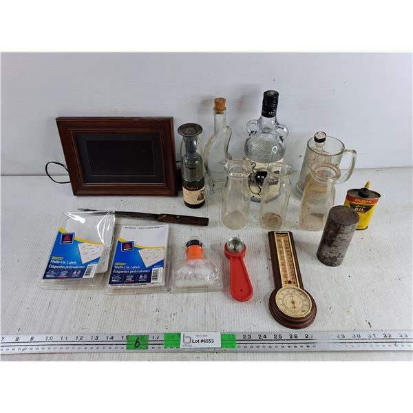Digital Picture Frame - Powers On, As Is, Thermometer, Various Bottles, Beerstein, Multi Use Labels