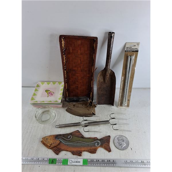 Square Plates, Glass Ashtray, Vintage Clothes Iron, Faucet Supply, Wicker Tray, Misc