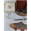 Image 5 : Square Plates, Glass Ashtray, Vintage Clothes Iron, Faucet Supply, Wicker Tray, Misc