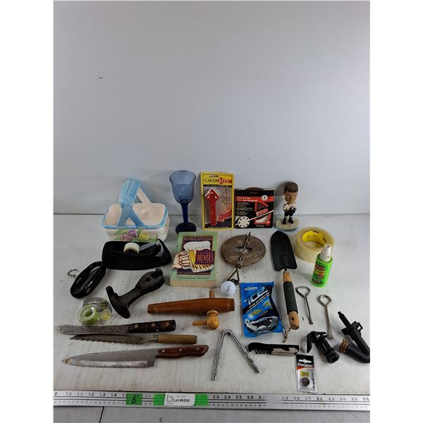 Barrel Tap, Nut Cracker, Porcelain Basket, Knives, Caulk Rite, Hockey Figure, Misc