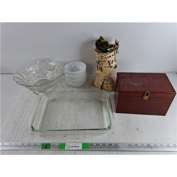 Glass Fruit Bowl, 5" Ceramic Bowls, Glass Baking Tray, Wooden Box 9" x 5" x 6", Wood Log Decor