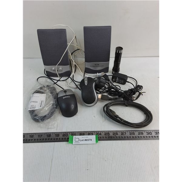 Pair of Bookshelf Speakers, Mice, Flashlight, HDMI Cords - All Untested