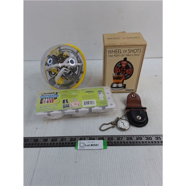 Perplexus Rookie Puzzle Ball, Wheel of Shots - Unused, Wonder Hanger, Radar Pocket Watch