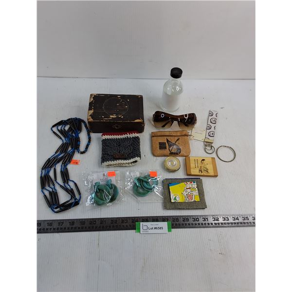 Vintage Jewelry Box, Sunglasses, Earrings, Cosmetic Compact, Medicine Holder, Bead Necklace, Misc.