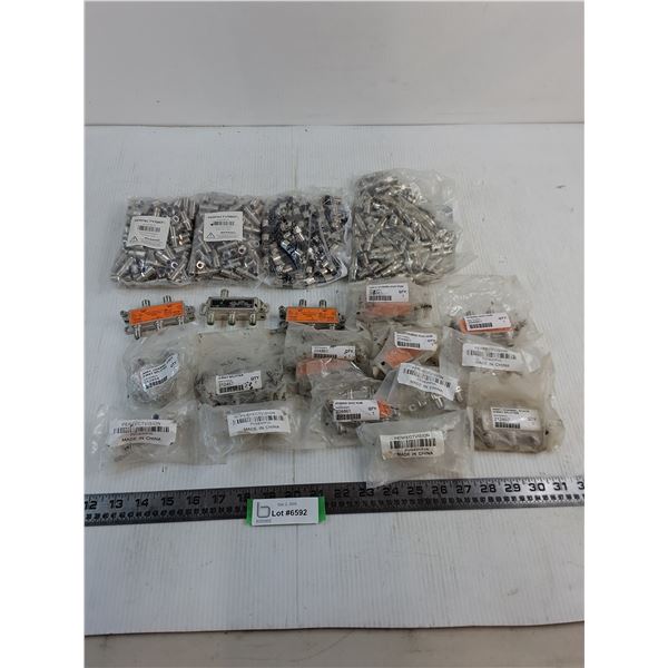 Large Quantity of Mostly Sealed Video Electronic Components - Splitters, Connectors, Misc.