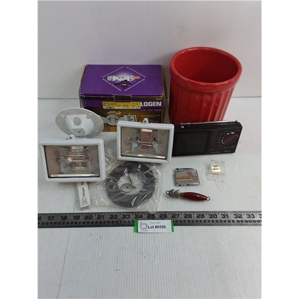 Pair of Halogen Flood Lamps, AM/FM Radio, Plant Pot, Lighter, Misc.