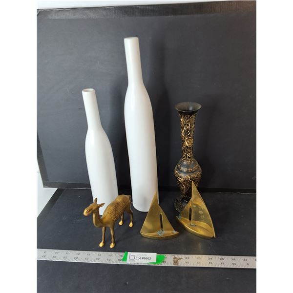 (3) Vases Up to 17.75", Brass Sailboat & Camel Figurines