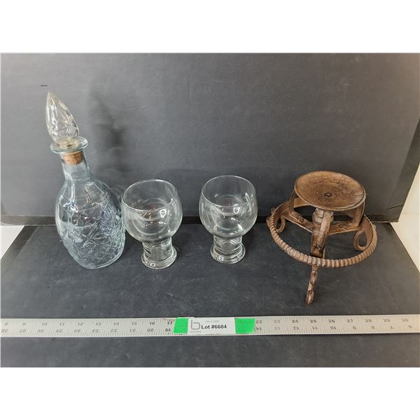 Wine Glasses, Cast Iron Candleholder, Decanter