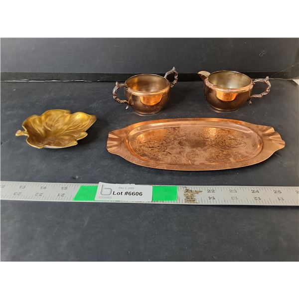 Copper Tray & Electroplated Copper Sugarbowl, Creamer & Ceramic Catchall