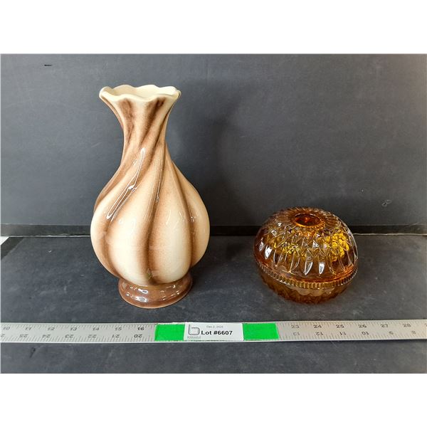 Amber Glass Candleholder & Ceramic Vase 10"