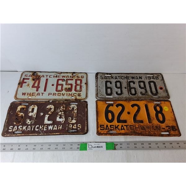 (4) Vintage Saskatchewan License Plates- 1936 to 1958