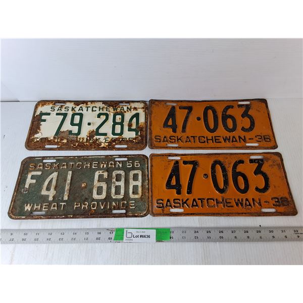 (4) Vintage Saskatchewan License Plates- 1936 to 1956