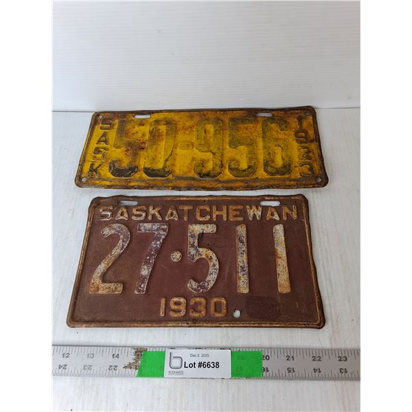 (2) Antique/Vintage Saskatchewan License Plates- 1923/30