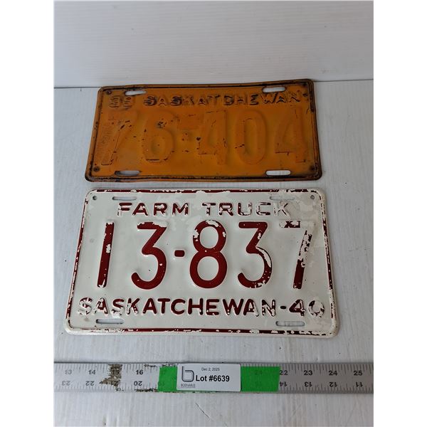 (2) Vintage Saskatchewan License Plates- 1939/40