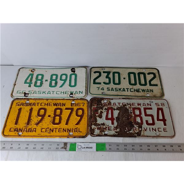 (4) Vintage Saskatchewan License Plates- 1958 to 1974