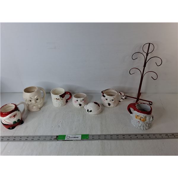 Christmas Lot- Ceramic Mugs, Creamer, Sugarbowl, Metal Mugtree