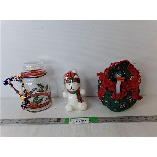 Polar Bear Candle, Glass Jar 7" & Fabric Storage Container