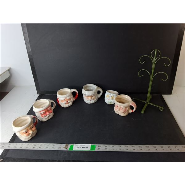 (5) Ceramic Santa Mugs, Sugarbowl & Metal Mugtree