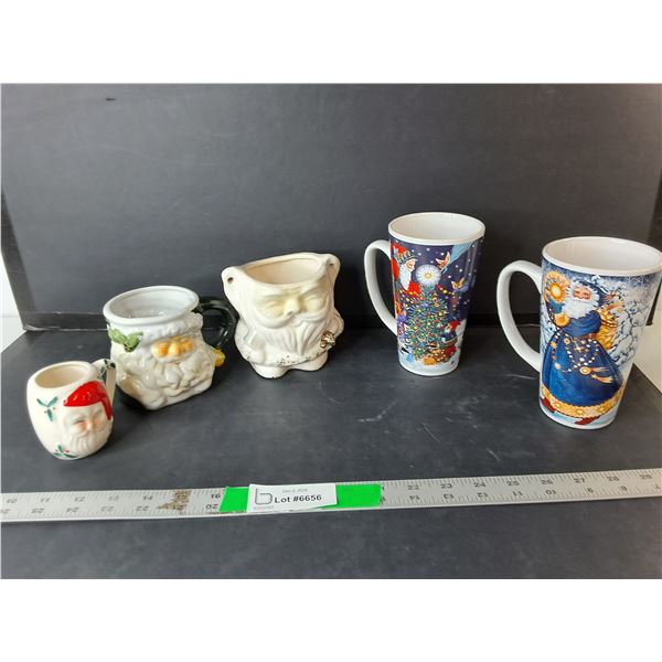 (4) Christmas Mugs Up to 6" & Sugarbowl