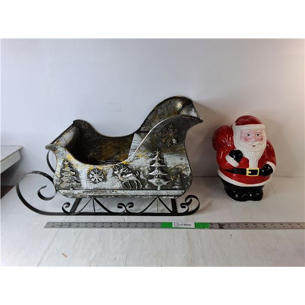 Metal Model Sleigh 22.5" x 9.5" x 12.75" & Ceramic Santa Cookie Jar- Pickup Preferred