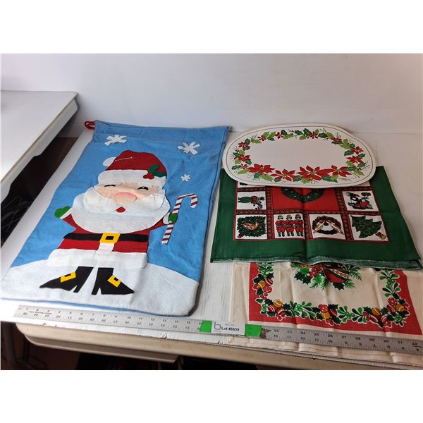 Christmas Lot- Fabric Santa Bag 18"x 26.27", (4) Placemats, (2) Tablerunners
