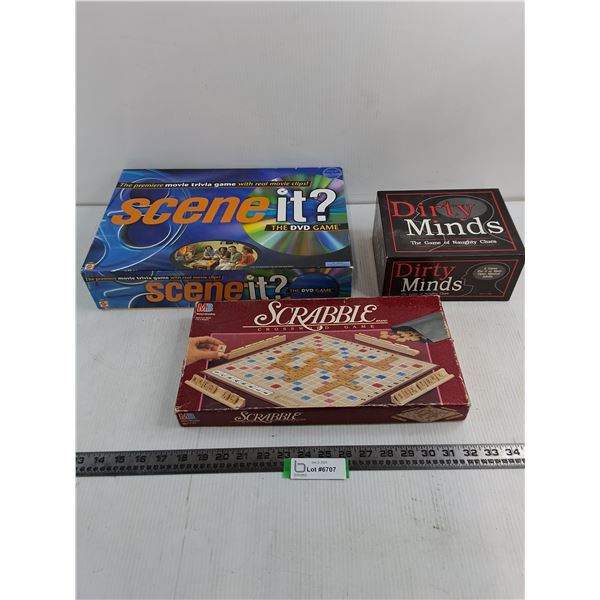 (3) Board Games (Scene It?, Dirty Minds, Scrabble)