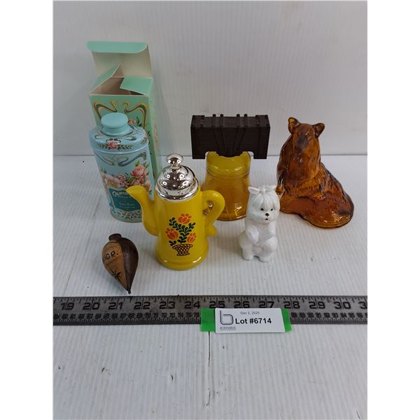 (4) Vintage Glass Avon Bottles, Avon Talcum, Clock Weight